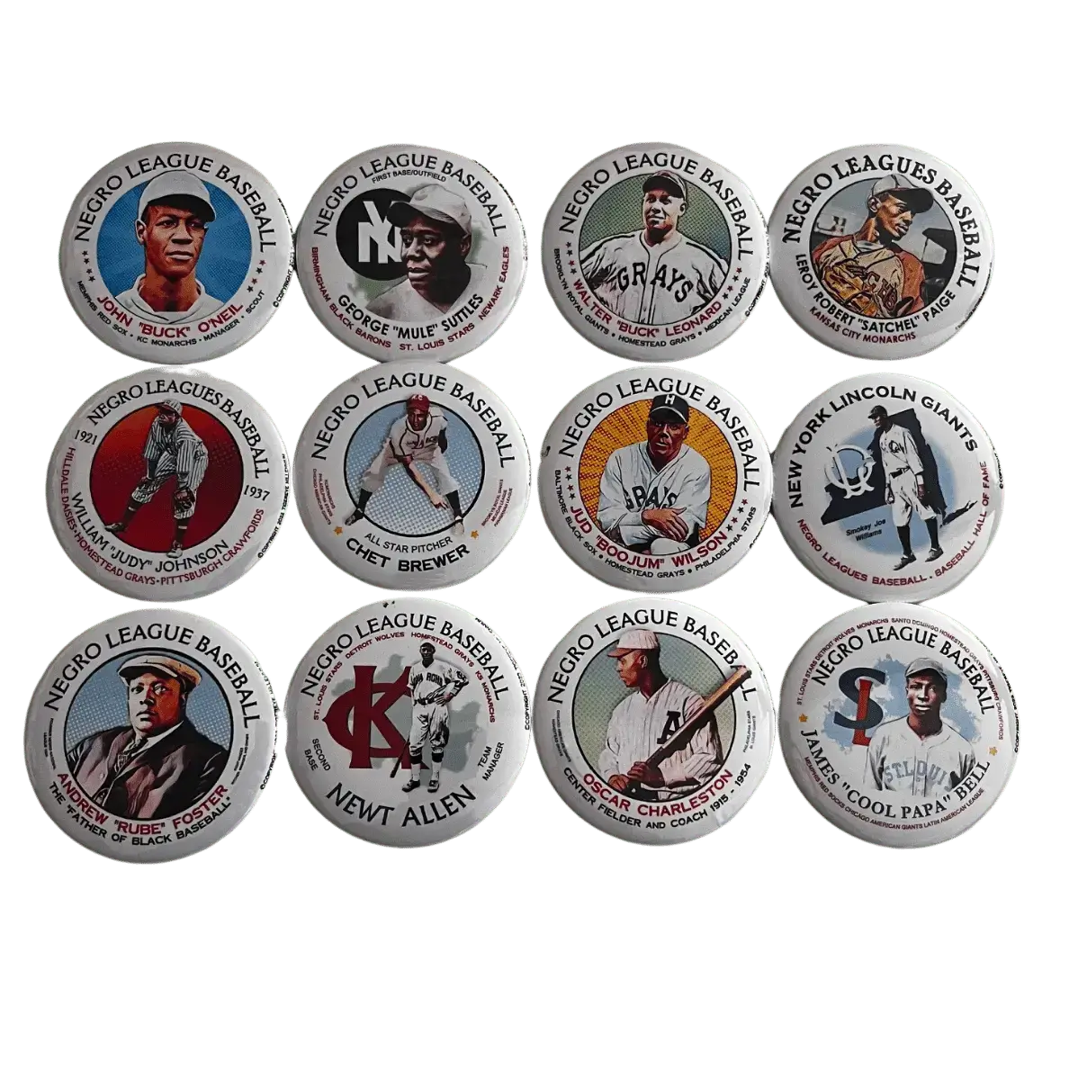 Set of 12 players | Negro League Baseball | 3" Pin-Back Button